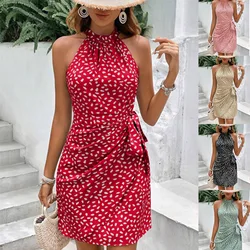 Women Holiday Beach Party Mini Dress Halter Floral Print Sleeveless Lace Up Slim Sexy Elegant Vacation Sexy Casual Dresses Boho