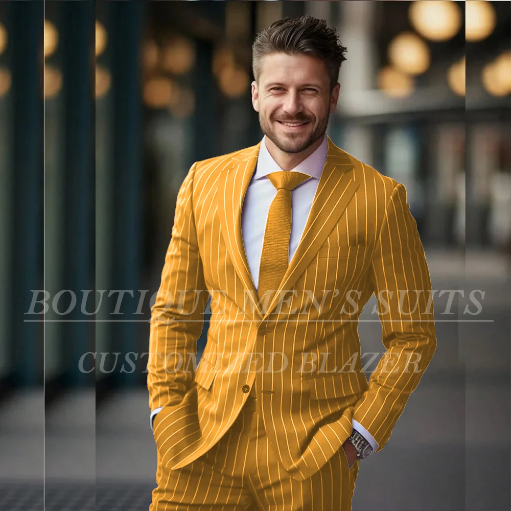 

Elegant Banquet Men's Suits Slim Fit Lining Blazer With Shoulder Pads Pinstripe Single Breasted Notch Lapel 2 Piece Jacket Pants