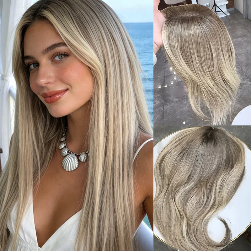 Synthetic blend human hair wig Ombre Ash Blonde Highlights Lace Front Wigs 13x4 Glueless wigs on clearance sale realistic woman