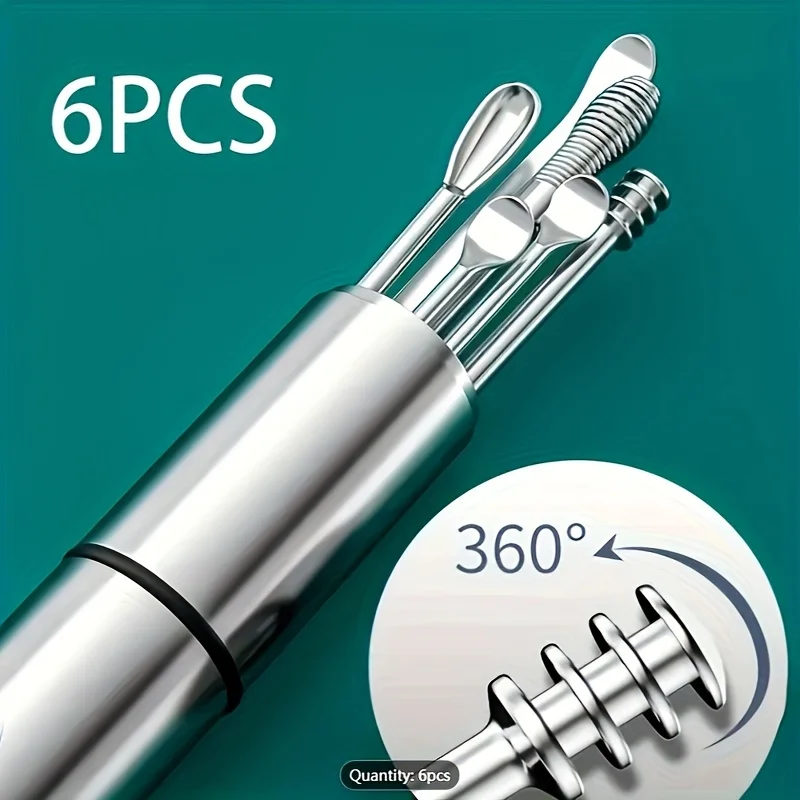 6pcs Stainless Steel Ear Wax Removal Tool Set Spiral Rotating EarPicking Spoon Ear Picker Spoon For Cleaning Collecting Ear Wax