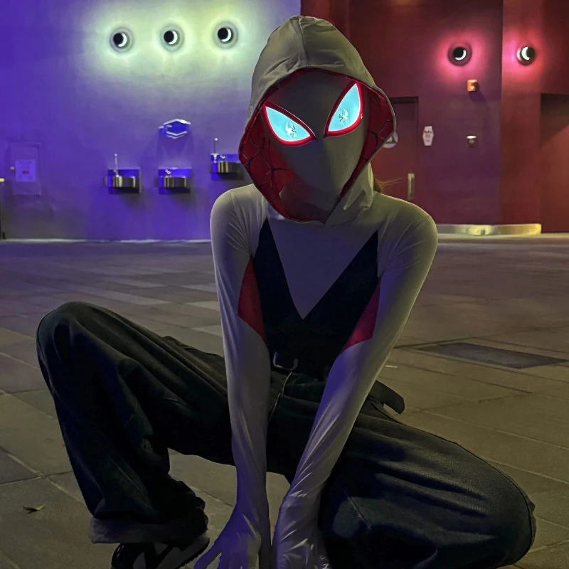 グウェン・ステイシーのコスプレ衣装。光る目が付いた、ぴったりフィットするスパイダーウーマンのジャンプスーツ。バーでのパーティー、ステージショー、ハロウィーン、ファン撮影などに最適。