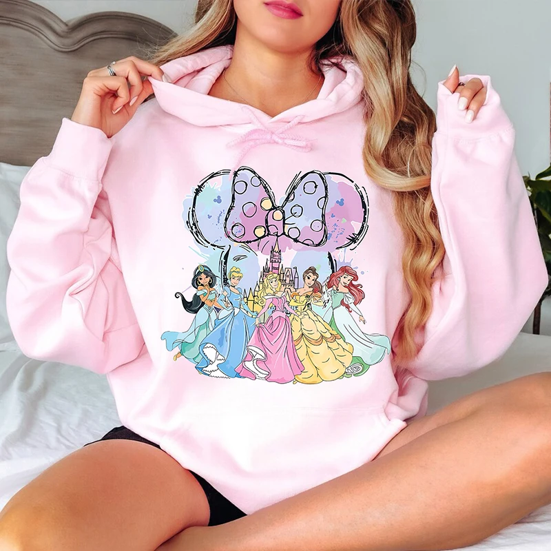 Disney Princesses Minnie Head พิมพ์ผู้หญิง Hoodies เสื้อลําลองหลวมเสื้อกันหนาวผู้ใหญ่เสื้อผ้า