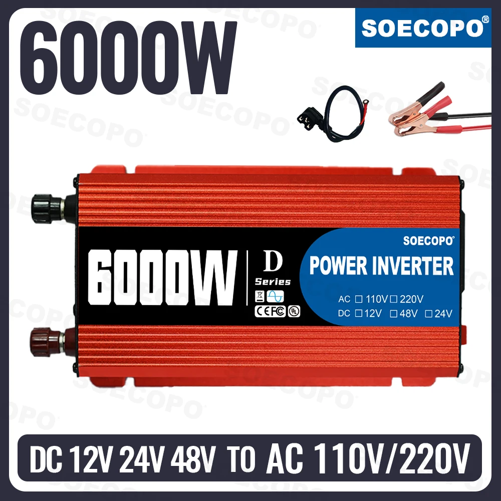 

SOECOPO 6000W Car Inverter DC 12V to AC 110V/220V Converter Car Power Adapter 12V/24V/48V Input for Camping Auto Accessories RV