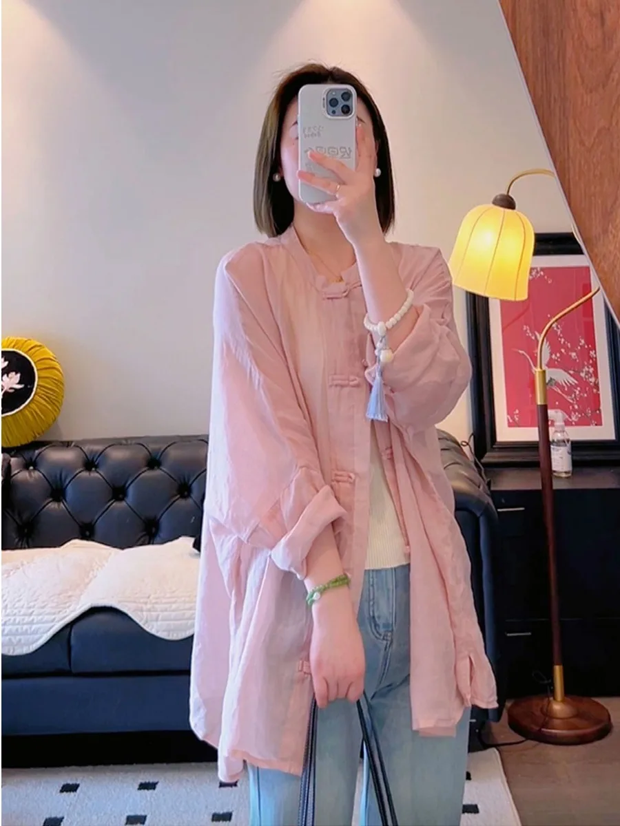 Nieuwe zomer lichtgewicht katoen linnen irt dames luxe sensatie button-up top casual losse pasvorm lange Sve opstaande kraag