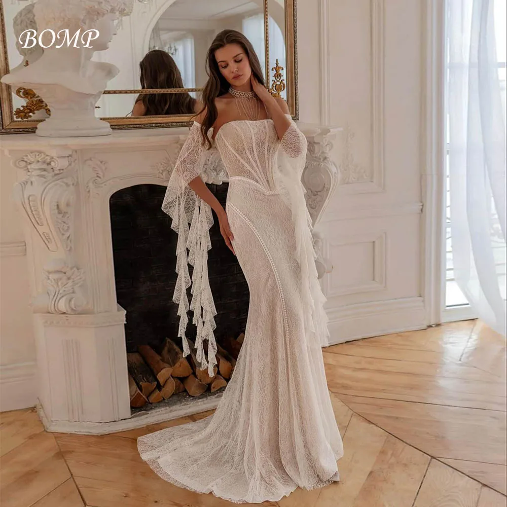 

BOMP Charming Lace Wedding Dress Strapless Draped Remove Sleeves Mermaid Sweep Train Bridal Gown Customized Vestido de novia