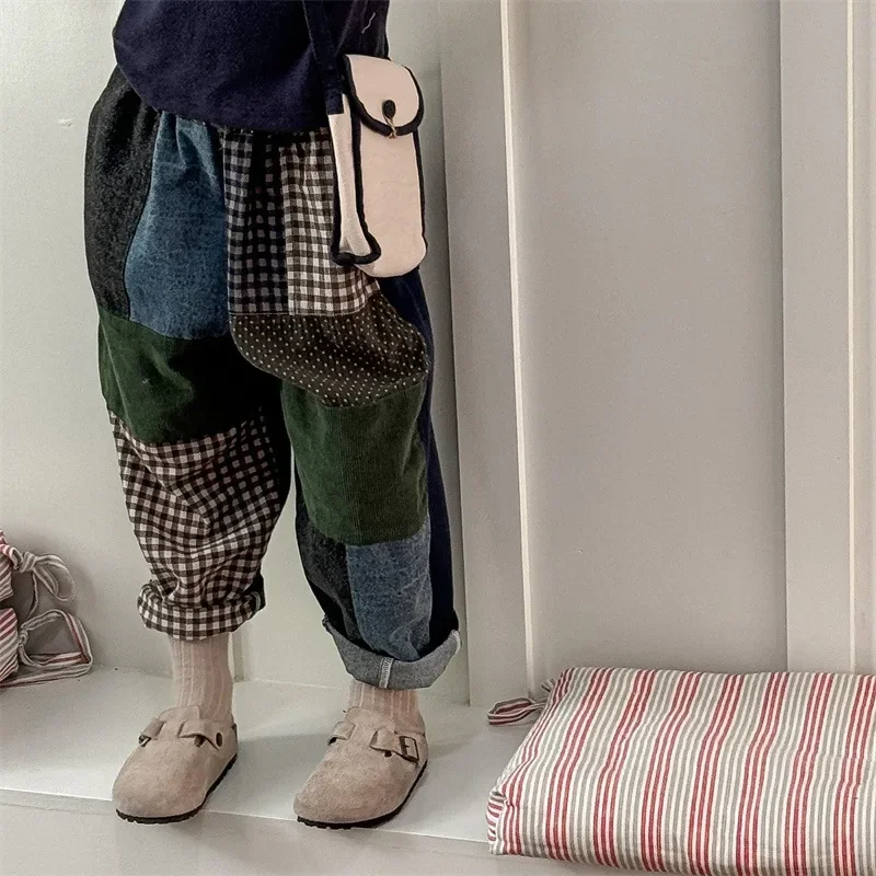 Children's Autumn Checkered Patchwork Casual Pants Boys and Girls Patchwork Fabric Stylish Casual Harun Pants Long Trousers