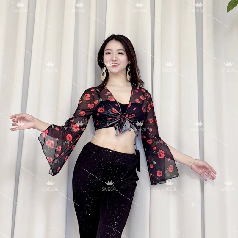 

Индивидуальный сексуальный топ для танца живота Swegal с двухцветным сетчатым принтом и разрезными рукавами, костюмы для восточных танцев