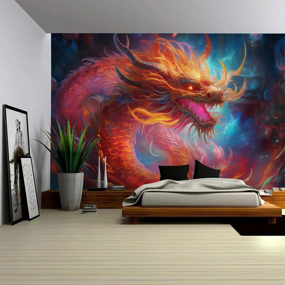 Golden Flame Dragon Tapestry Oriental Divine Dragon Avatar Hanging Cloth Party Decoration Home Bedroom Living Room Wall Hanging