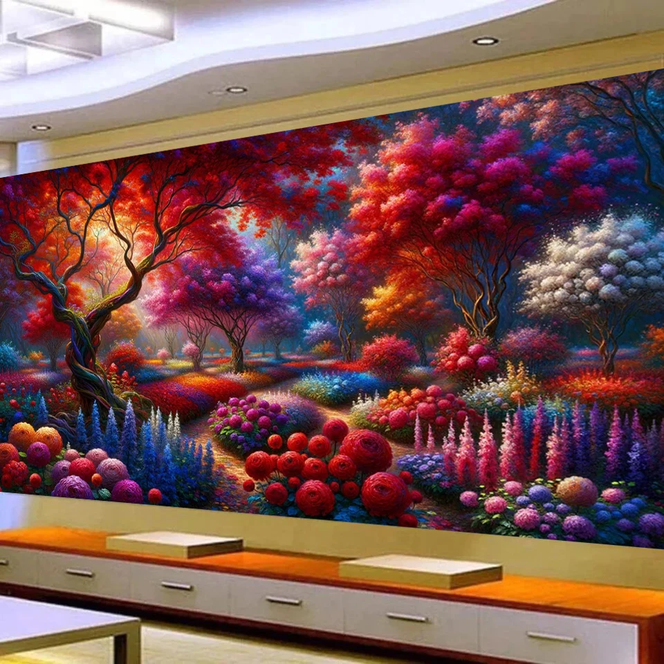 Colorful Fantasy Landscape Large Diy Diamond Painting Full Vibrant Red Flower-Filled Forest Diamond Mosaic Cross stitch Kits ﻿