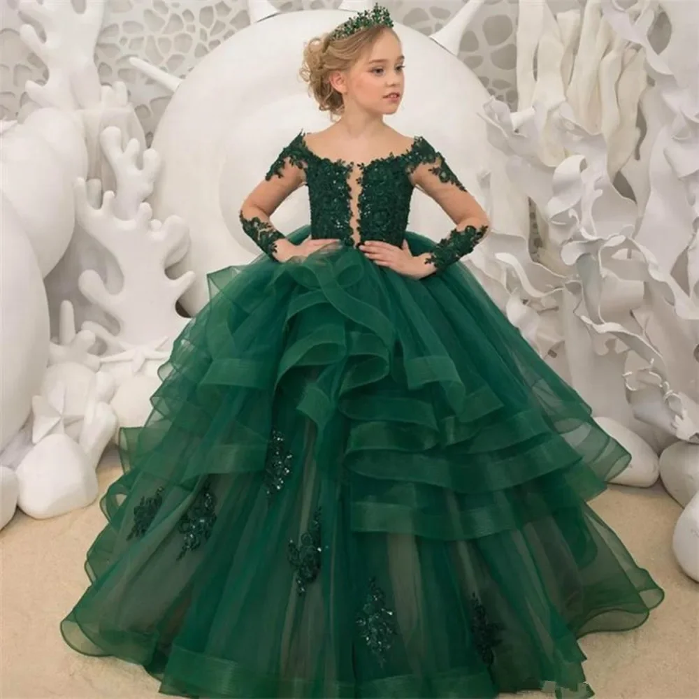 

Green Flower Girl Dresses Scoop Neck Lace Appliqued Beaded Long Sleeves Pageant Gowns Ruffle Tiered Sweep Train Birthday Back Up