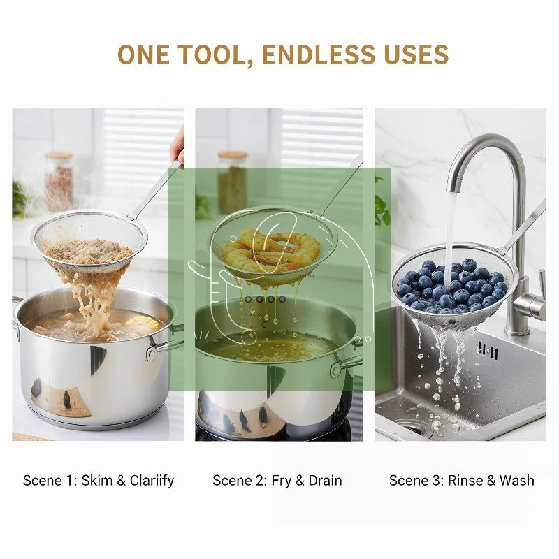 

Fine Mesh Strainer Stainless Steel Metal Flat Colander Cooking Skimmer Ladle Colander With Handle Food Strainer Kitchen Tools