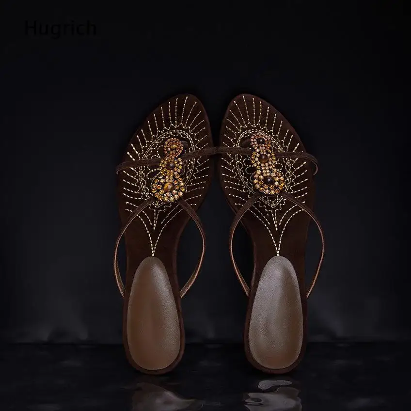 Elegant Ethnic Inspired Flat Sandals Women S Brown Suede Upper With Amber Rhinestone Cluster And Gold Sunburst Stitching