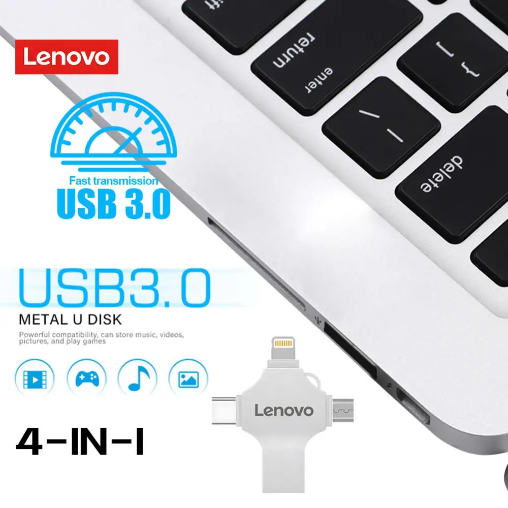 Lenovo-Pendrive 4 en 1, unidad Flash USB OTG de 2TB, 1TB, USB 3,0, disco de memoria multifuncional para Ipad, PC y TV