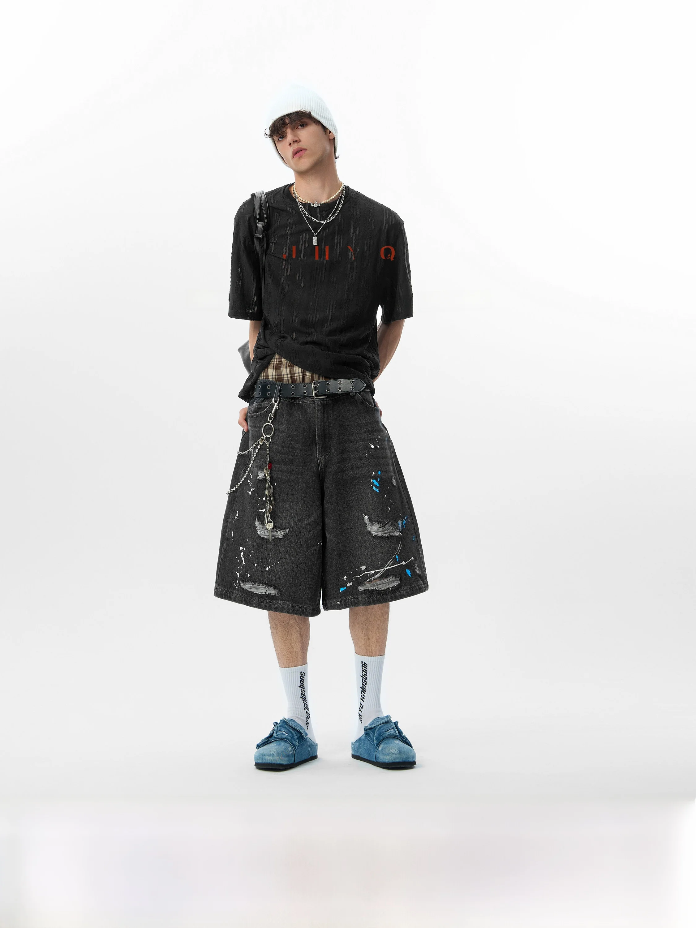 

JHYQ American Retro Heavyweight Splaed Ink Ripped Denim orts Men Summer New Loose Casual Trendy Brand Five-Point Pants