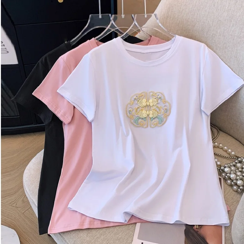 TuangBiang Summer Embroidery Floral 2024 Comfort Short Sleeve Cotton Women O-Neck T-Shirts Loose Casual Solid T Shirt LadiesTops