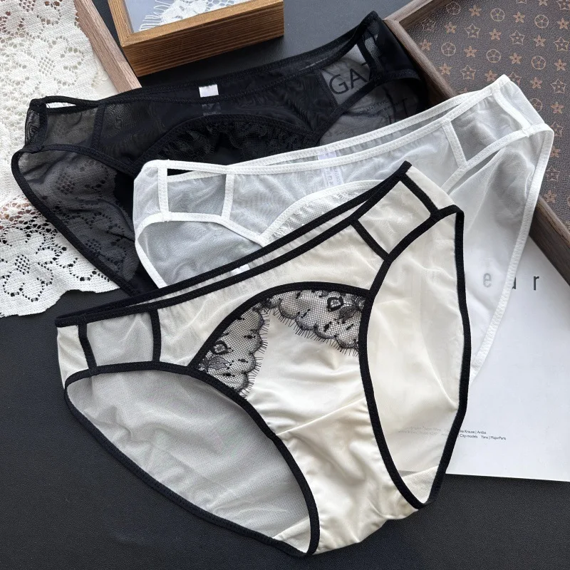 

SP&CITY Thin Mesh Satin Sexy Panties for Women Low Waist Black Lace Embroidery Hollow Out Underwear Cotton Crotch Soft Briefs