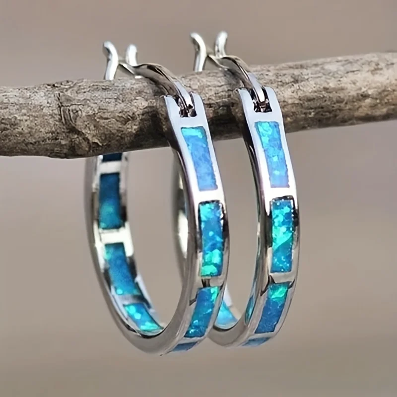 Simple Blue and White Zircon Circle Earrings in Bohemian Style Women's Retro Fashion Jewelry Wedding Jewelry Engagement Gift