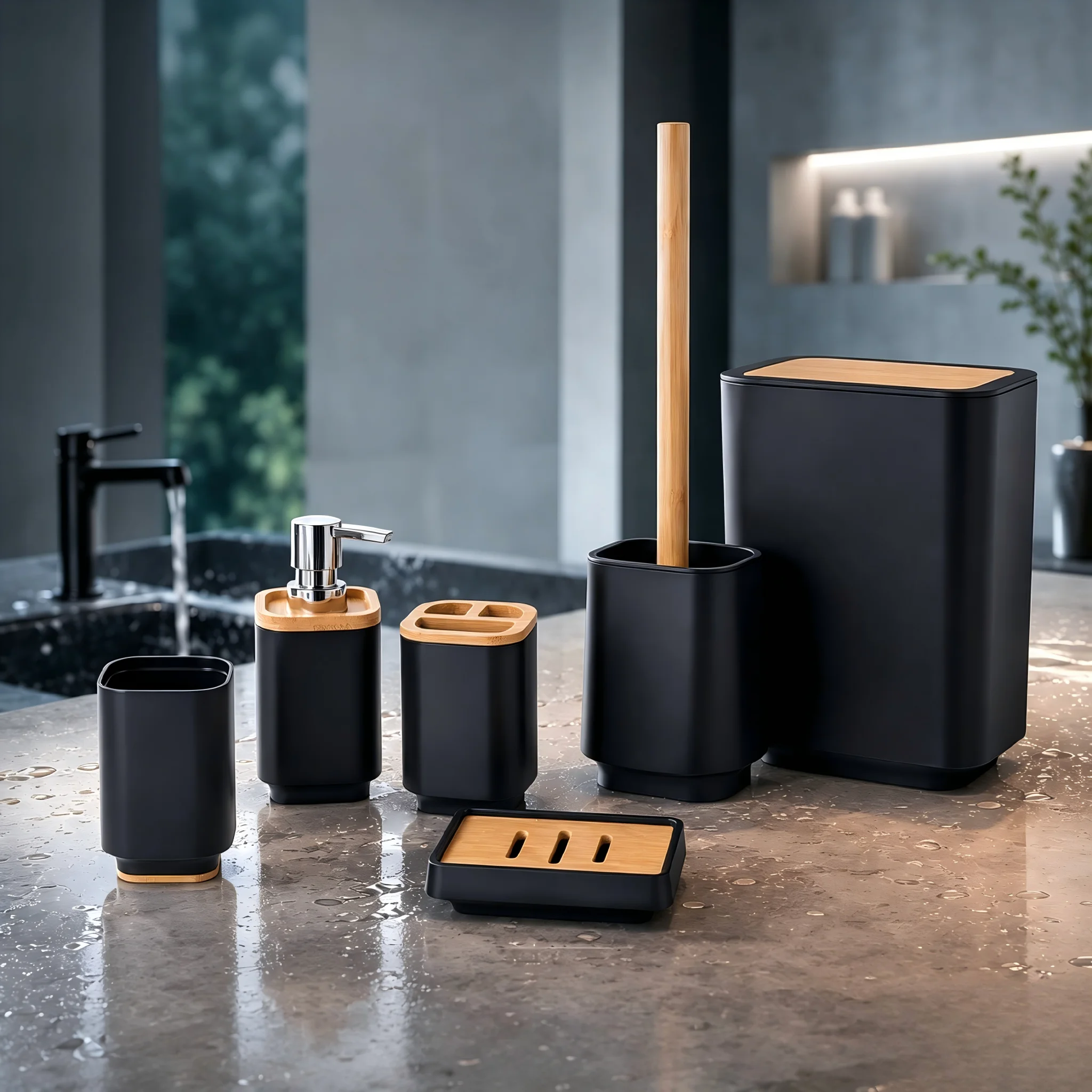 

6Pcs Matte Square Bamboo Bathroom Accessory Set Soap Dispenser Toothbrush Holder Toilet Brush Trash Can Bath Countertop Storage