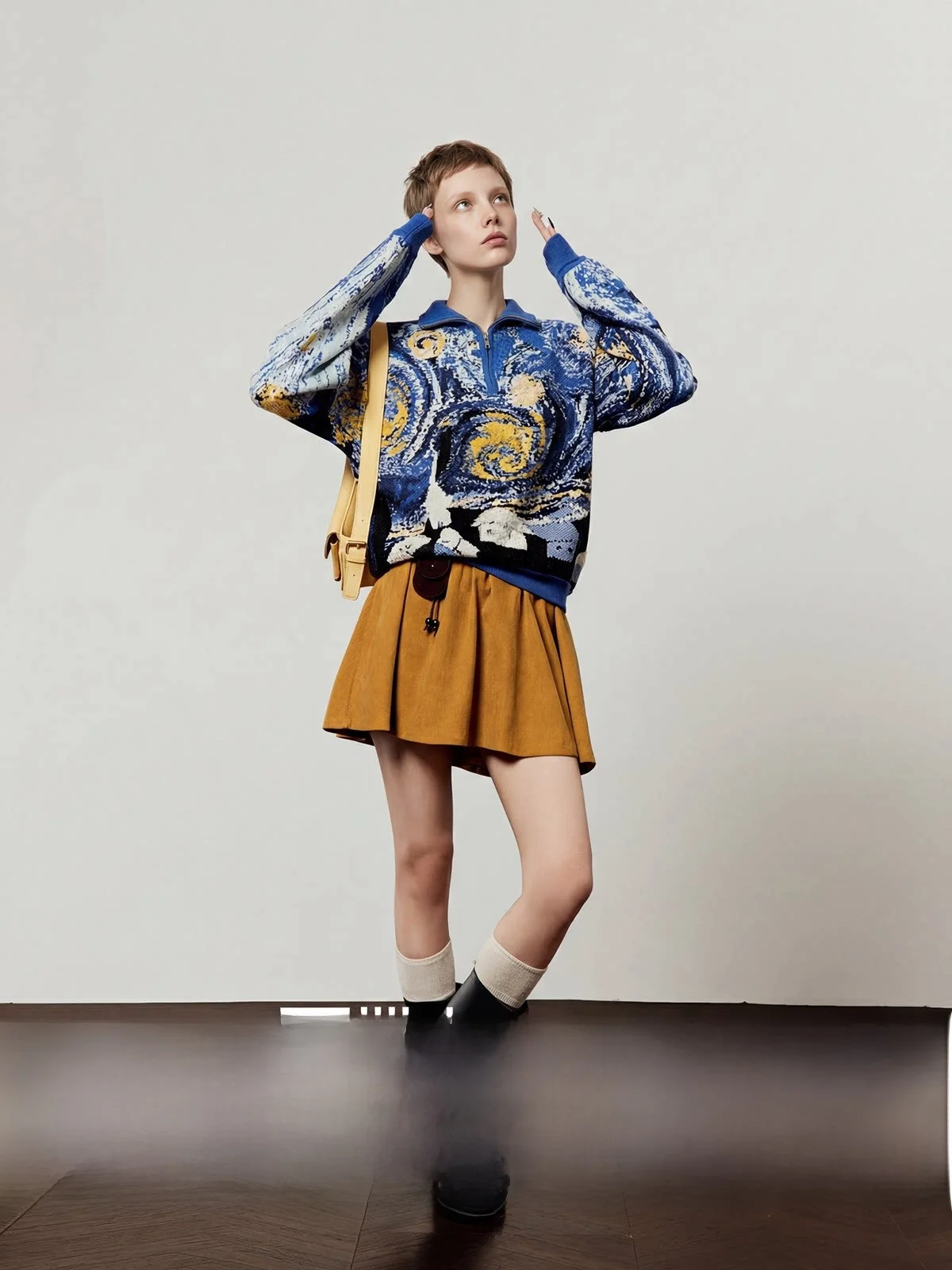 

Blue Knitted Top Women's Spring 2026 New Sle Stand Collar Embroidery Vintage Loose Lazy Wave Long Sve Thermal Regular Fit