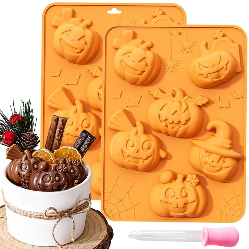 2er-Set 6-fach Hexenkürbis-Silikonform mit rosa Pipette für DIY Halloween Kerzen, Seifen, Ton und ästhetische Partygeschenke
