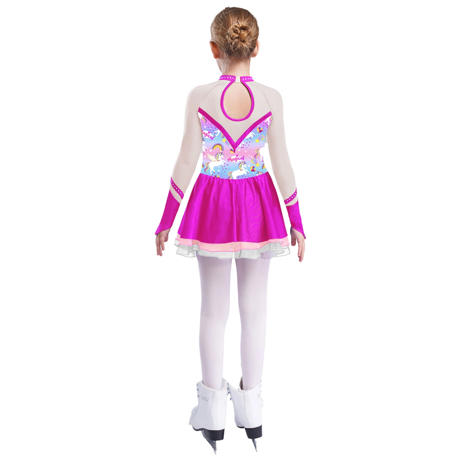 Kids Girls Ballet Tutu Dress Rhythmic Gymnastics Leotard Dance Wear Long Sleeve Rhinestone Figure Skating Roller Skating Costume