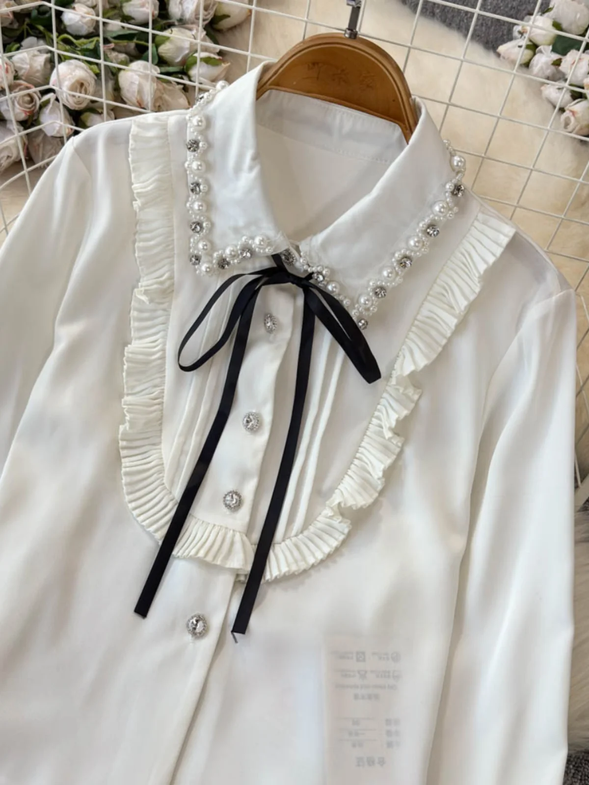 Luxury Crystal White Shirts Women Elegant POLO Collar Shirt French Black Bow Beading Pearls Ruffles Tops