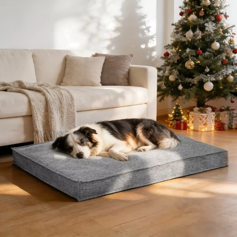 Rectangular Large Dog Bed, Linen Cover Foam Base Pet Pillow Bed, Waterproof Lining Washable Cozy Sleeping Mat for Dog Crate