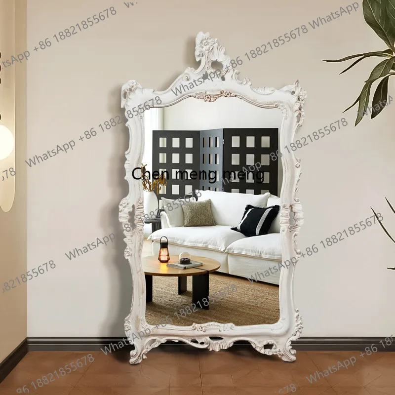 Retro white carved floor-to-body decorative mirror, living room, bedroom dressing and organizing mirror