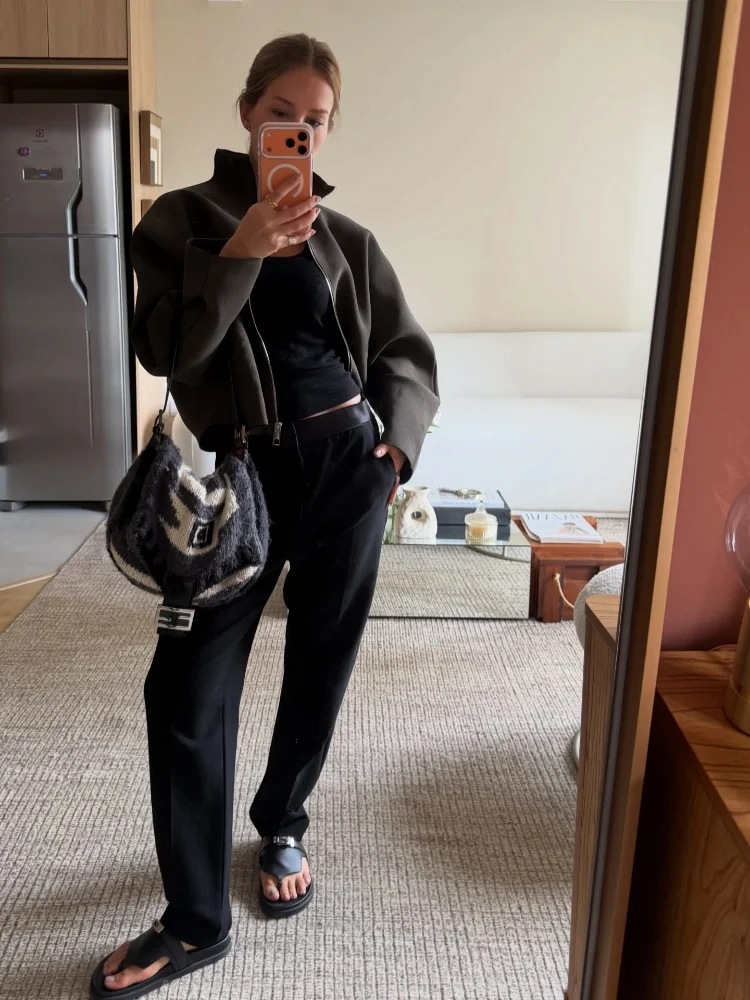 

Укороченный вязаный кардиган на молнии с отложным воротником для женщин, повседневный, свободный, с длинными рукавами, для офиса и на каждый день