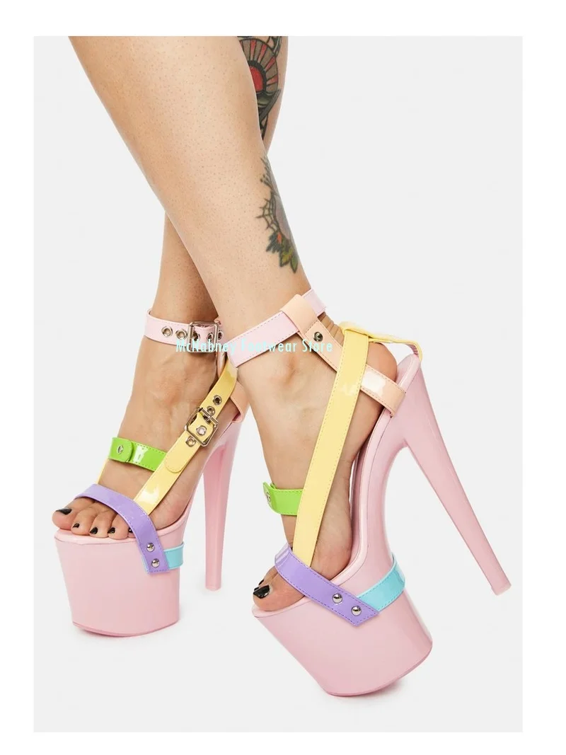 Pink Round Head Waterproof Platform Stilettos Sandals Color Thin Strap Combination Lolita Sandals Manual Luxurious Women'sshoes