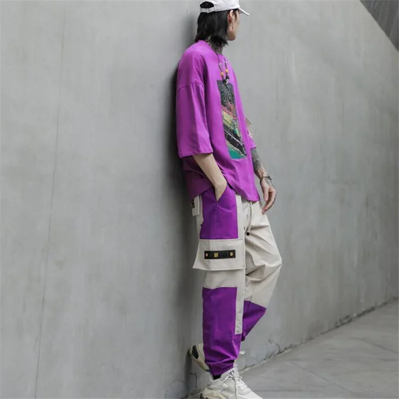 

Spring summer men purple patchwork casual cargo pants hip hop streetwear joggers mens vintage Japanese style trousers