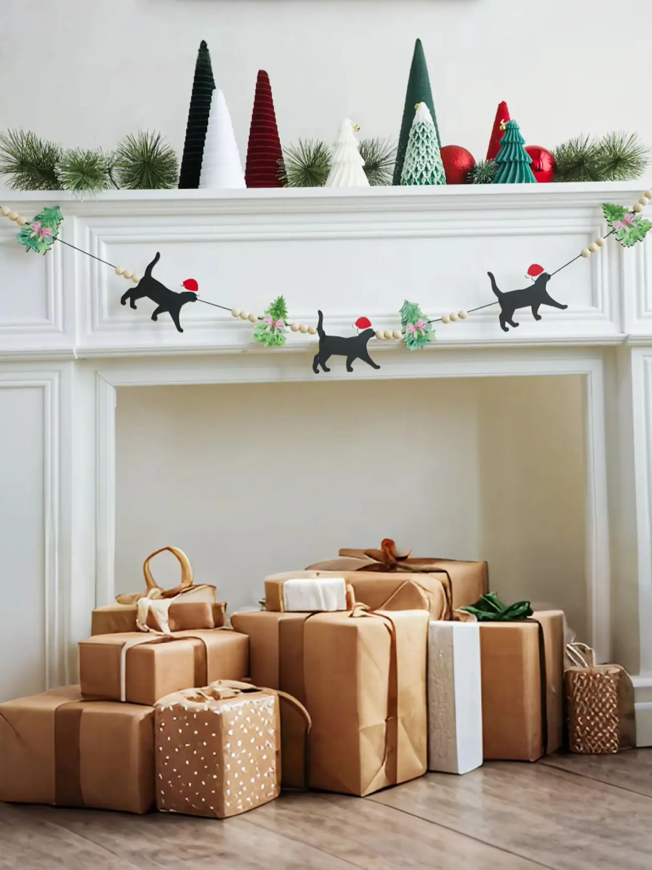 Weihnachtskatzengirlande aus Holz mit Weihnachtsmütze und Baumschmuck, Banner zum Aufhängen mit Perlenschnur, festlicher Kamin und Party-Dekoration für Zuhause