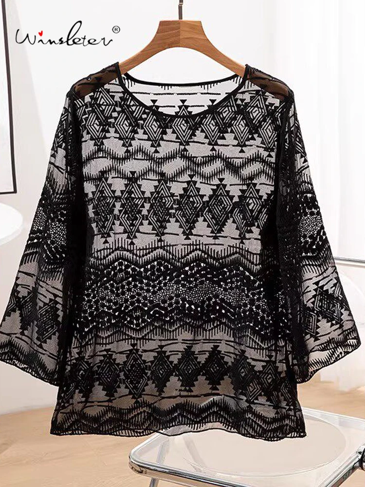 

Winsleter-100%Real Silk Elegant T-Shirt, Flare Sleeve Embroidery, Women Fashion Sunscreen Loose Sheer Top, 2026 Summer T64802CC