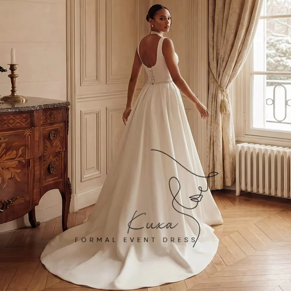 KUXA Customized Wedding Dress New Arrival Square Neck Sleeveless Pearls Applique Sweep Train Corset Bridal Gown Vestido De Noiva