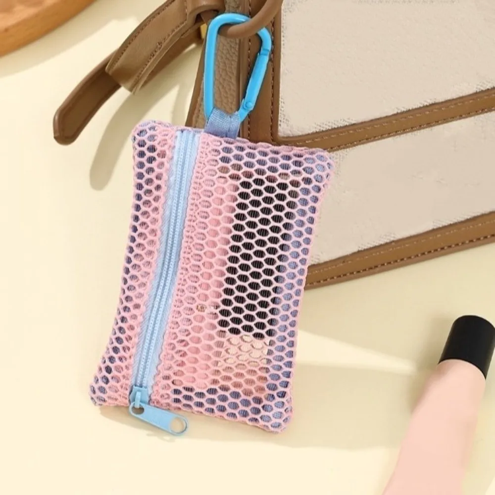 Square Mesh Makeup Bag Fashionable Portable Transparent Mesh Bag Flat Style with Keychain Mini Coin Purse Keys Lipsticks