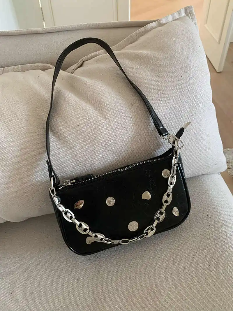 

Women Heart Rivet Chain One Shoulder Bag 2025 Spring Summer New Simple PU Handbag Silver Luxury Party Underarm Baga