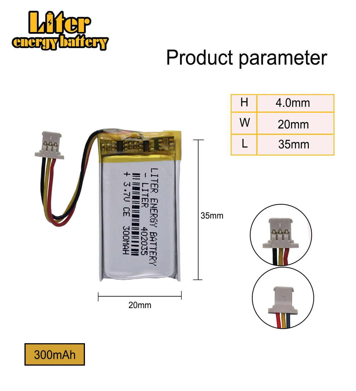 1.0MM 3pin connector 402035 300mah 3.7v DVR car recorder high-temperature li-po polymer rechargeable lithium battery