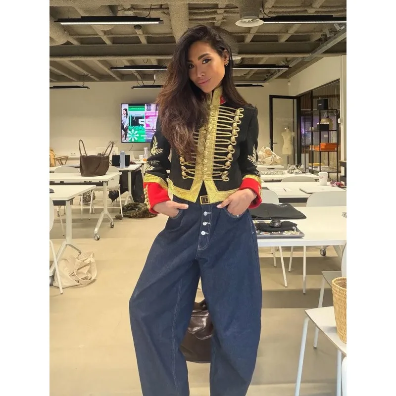Spot Casual Retro Button Long-sleeved Splicing Short  Jacket Women's Top 2026 European and American Cross-border New Models Tops