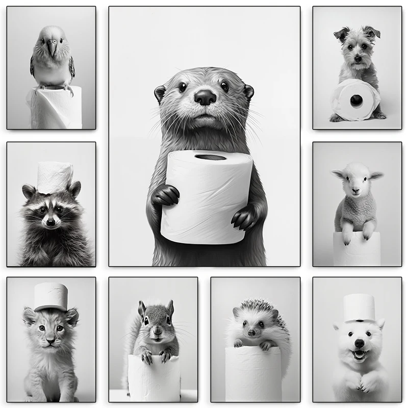 Black and White Cute Animal and Toilet Paper Poster Lion Owl Cat Dog Canvas  Wall Art Bathroom Living Room Home Decor