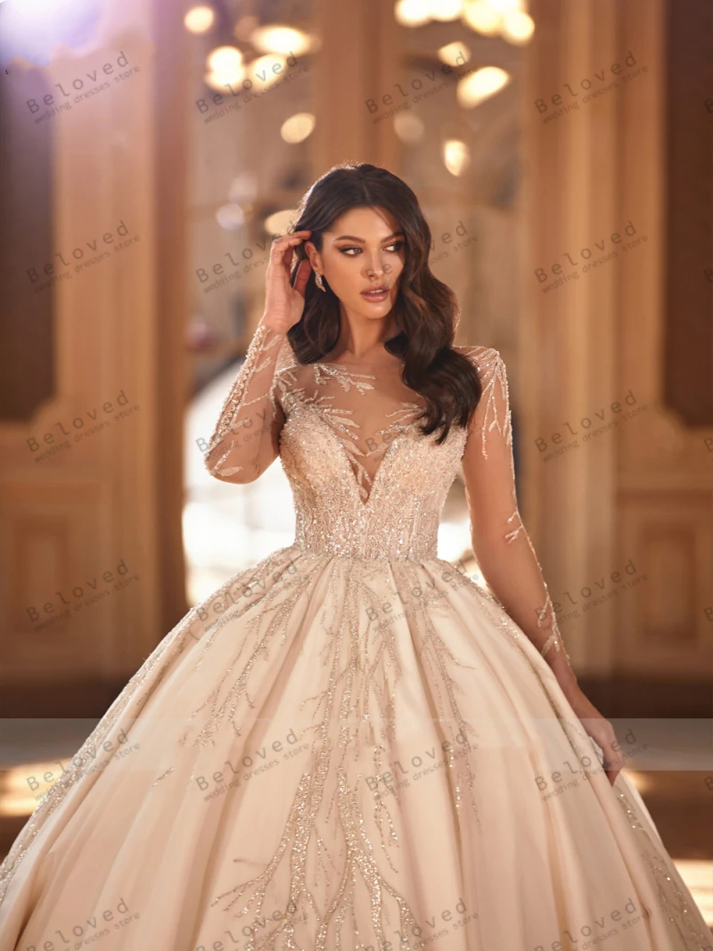 Lindos vestidos de casamento para festa formal, princesa nupcial Robes, O-Neck, mangas completas, Lace Appliques, vestidos de baile