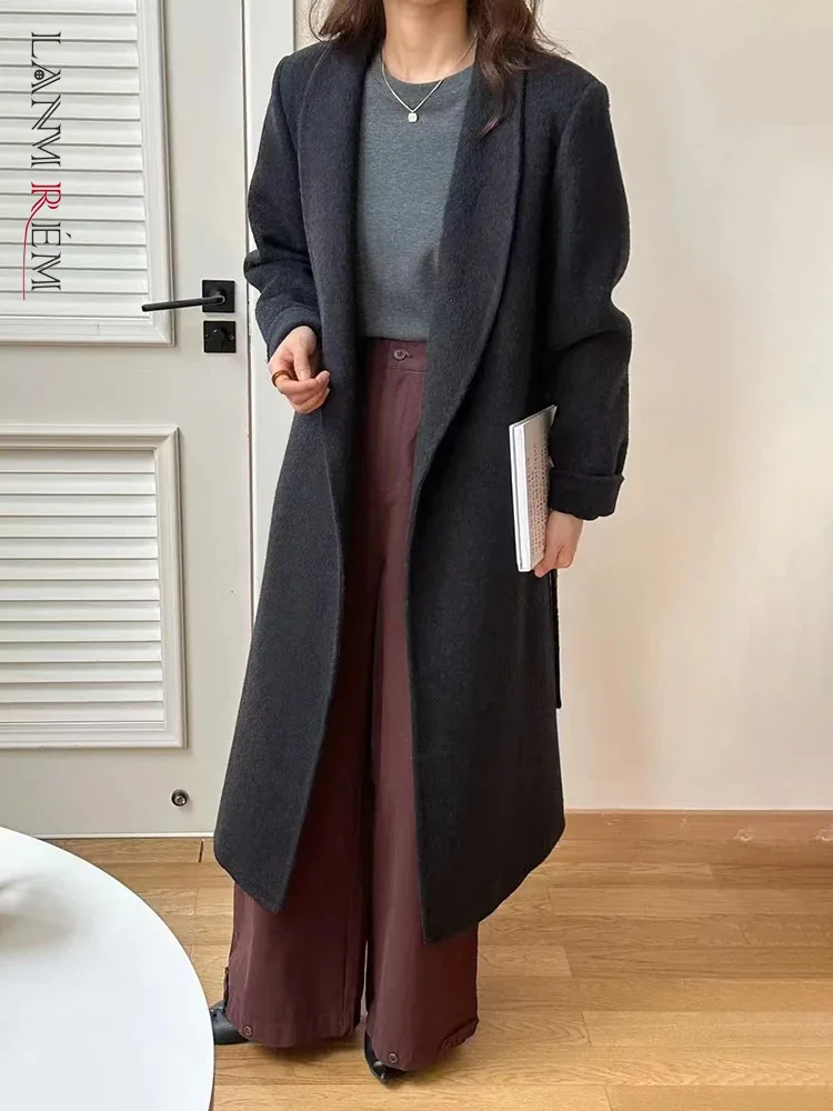 

[LANMREM] Office Lady Lace-up Gathered Waist Wool Coats For Women Lapel Thick Warm Minimalism Outwear 2024 Winter New 26C797