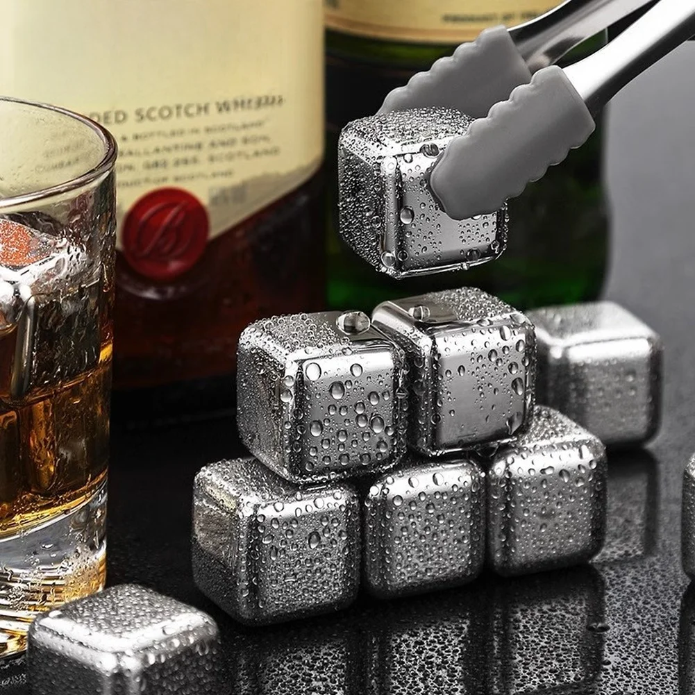

1set Stainless Steel Ice Cubes Ice Tongs Box Reusable Food-grade For Whiskey Wine Juices Cooling Stones Fast Freeze Square Ice