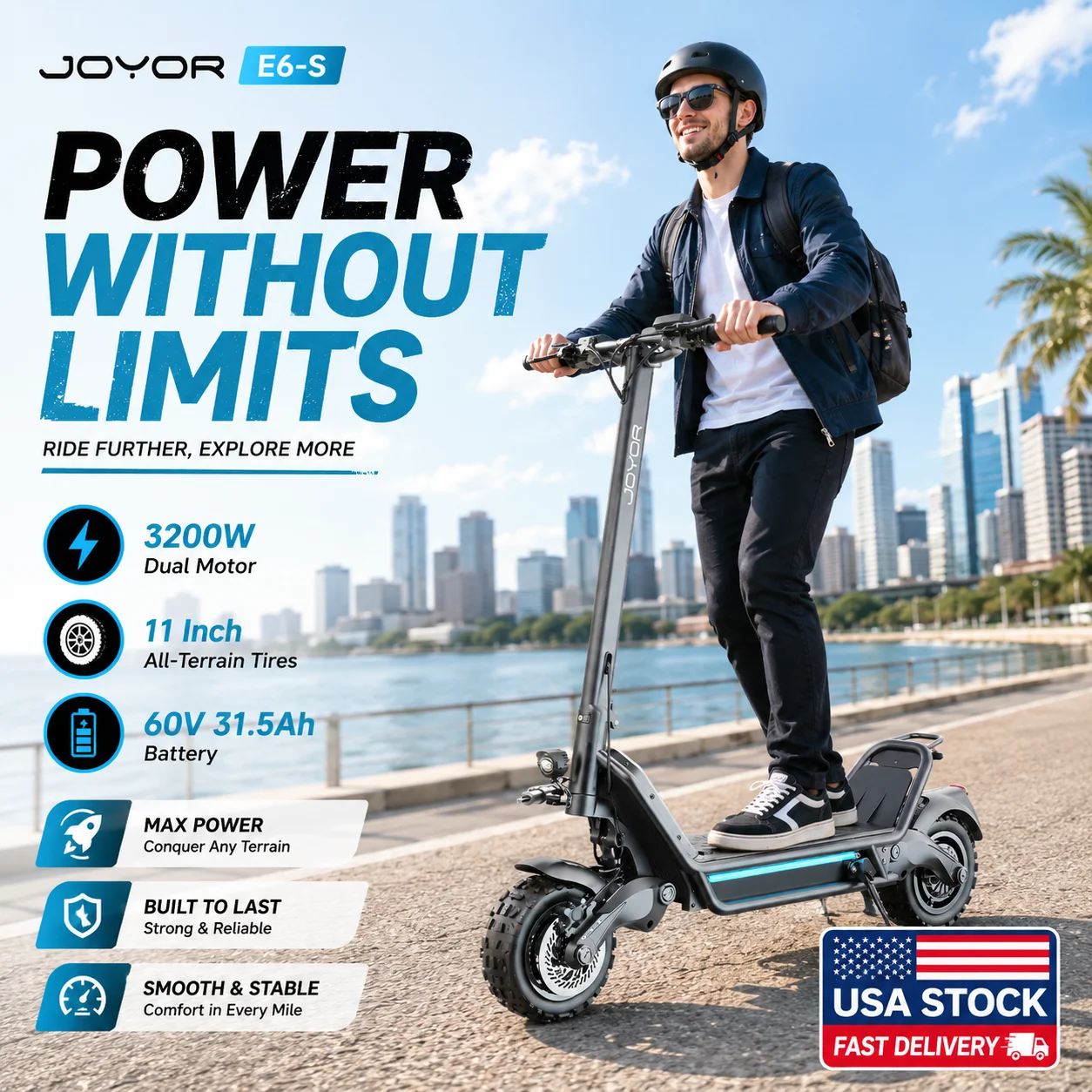 JOYOR E6-S E-Scooter Adults 3200W Dual Motor 11 Inch Off Road Tires EScooter 60V 31.5Ah Removable Lithium Battery Front Rear Hydraulic Brakes Steering Damper Hydraulic Shock Absorber Off-Road Adventures City Climbing Fast Fold Electric Scooter