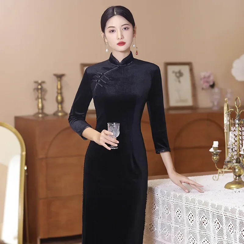 Autumn Winter Black Velvet Cheongsam Fashion Long Retro Style Dress Elegant Wedding Party Costumes Qipao M To 5XL