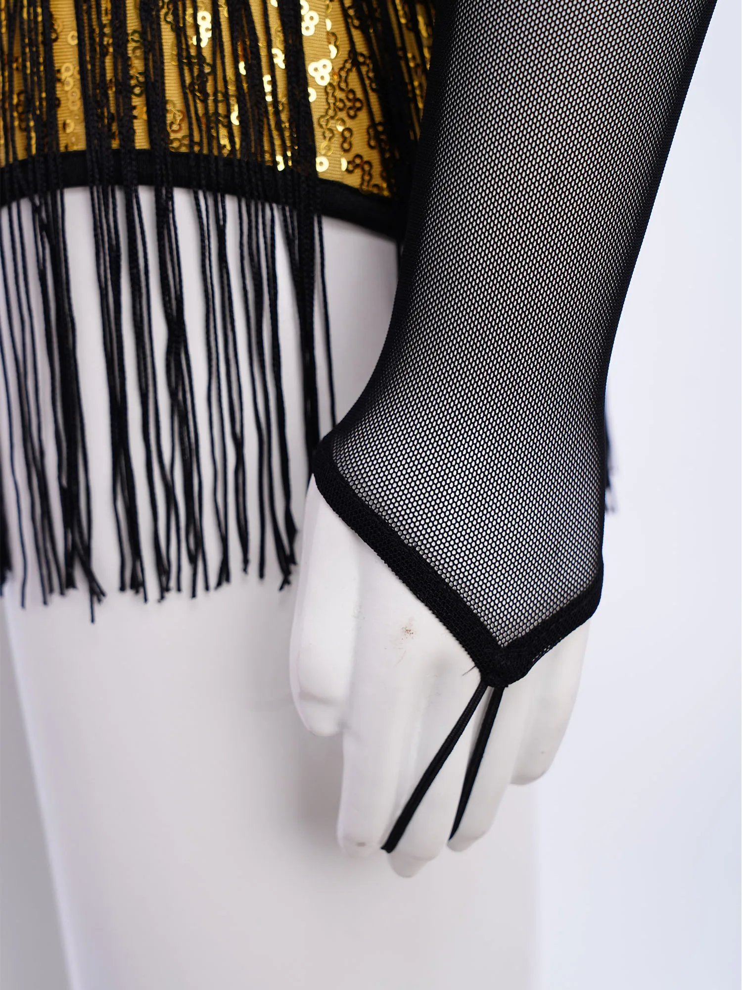

Kids Girls Sparkly Sequins Latin Samba Dance Leotard Outfits Sleeveless Tassels Bodysuit And Mesh Gloves for Tango Rumba Skating