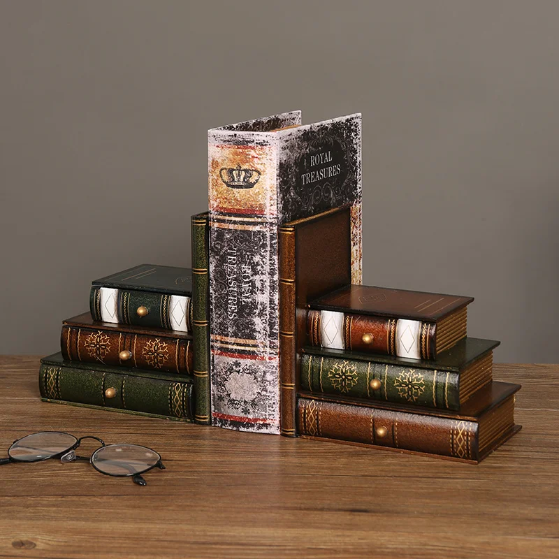 Bookend ornament, study shelf ornament, wooden retro fake book simulation, book file, book stand storage box decoration