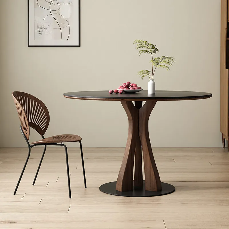 Multi-tower black walnut retro solid wood round dining table Small apartment simple pure black Deli Feng rock slab round table D