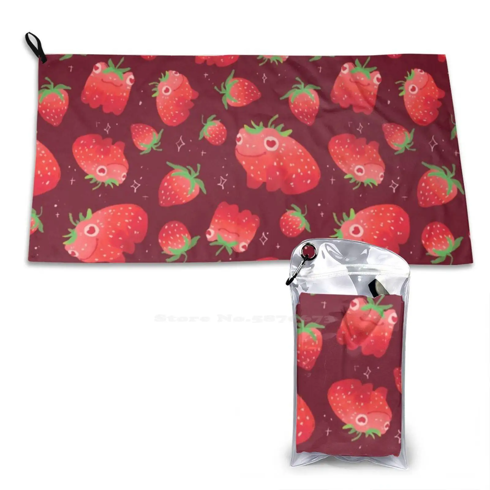 Strawberry Frogs Repeating Pattern Soft Towel Quick Dry Beach Towel Strawberries Strawberry Frogs Froggies Toads Autumn Fall