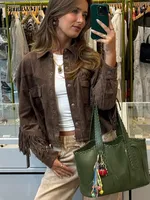 Brown Vintage Tassels Suede Leather Women's Jackets Casual Long Sleeved Pockets Outerwear Fashion Chic Autumn Street Crop Coats