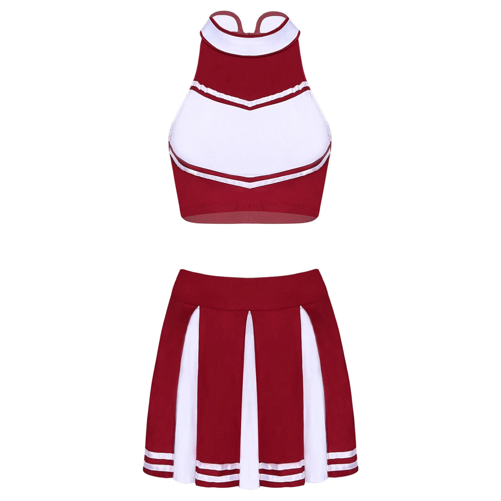 Women Adults Cheerleading Uniform Dance Costume Cheer Cosplay Outfit Stand Collar Sleeveless Crop Top with Mini Pleated Skirt
